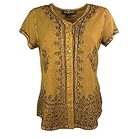 Agan Traders Medieval Bohemian Tops for Women - Button Down Cap Sleeve Embroidered Blouse - Light Weight Womens Blouse