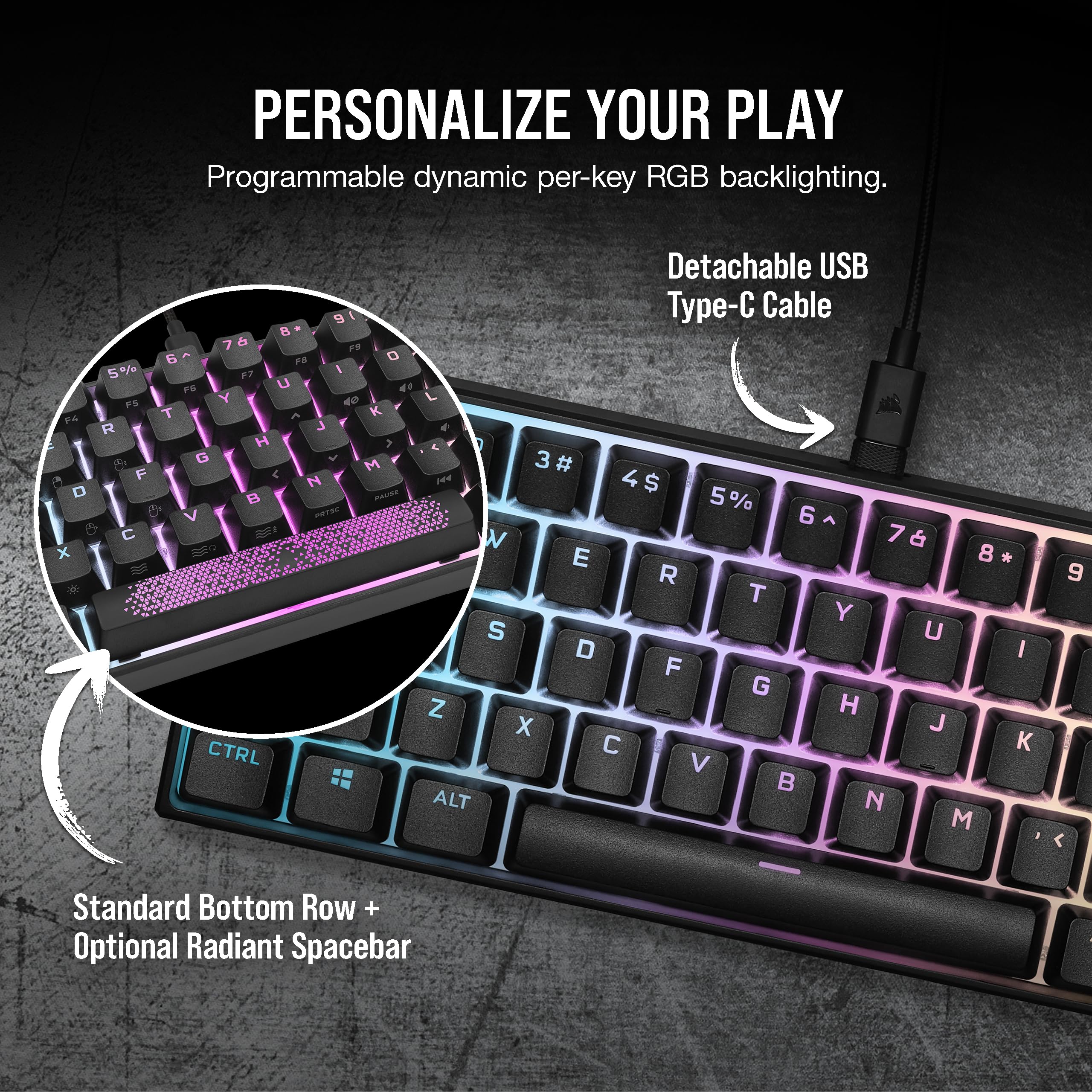 Corsair K65 RGB Mini 60% Mechanical Gaming Keyboard - Cherry MX Brown Mechanical Keyswitches - Customizable Per-Key RGB Backlighting - Detachable USB Type-C Cable - QWERTY NA Layout - Black