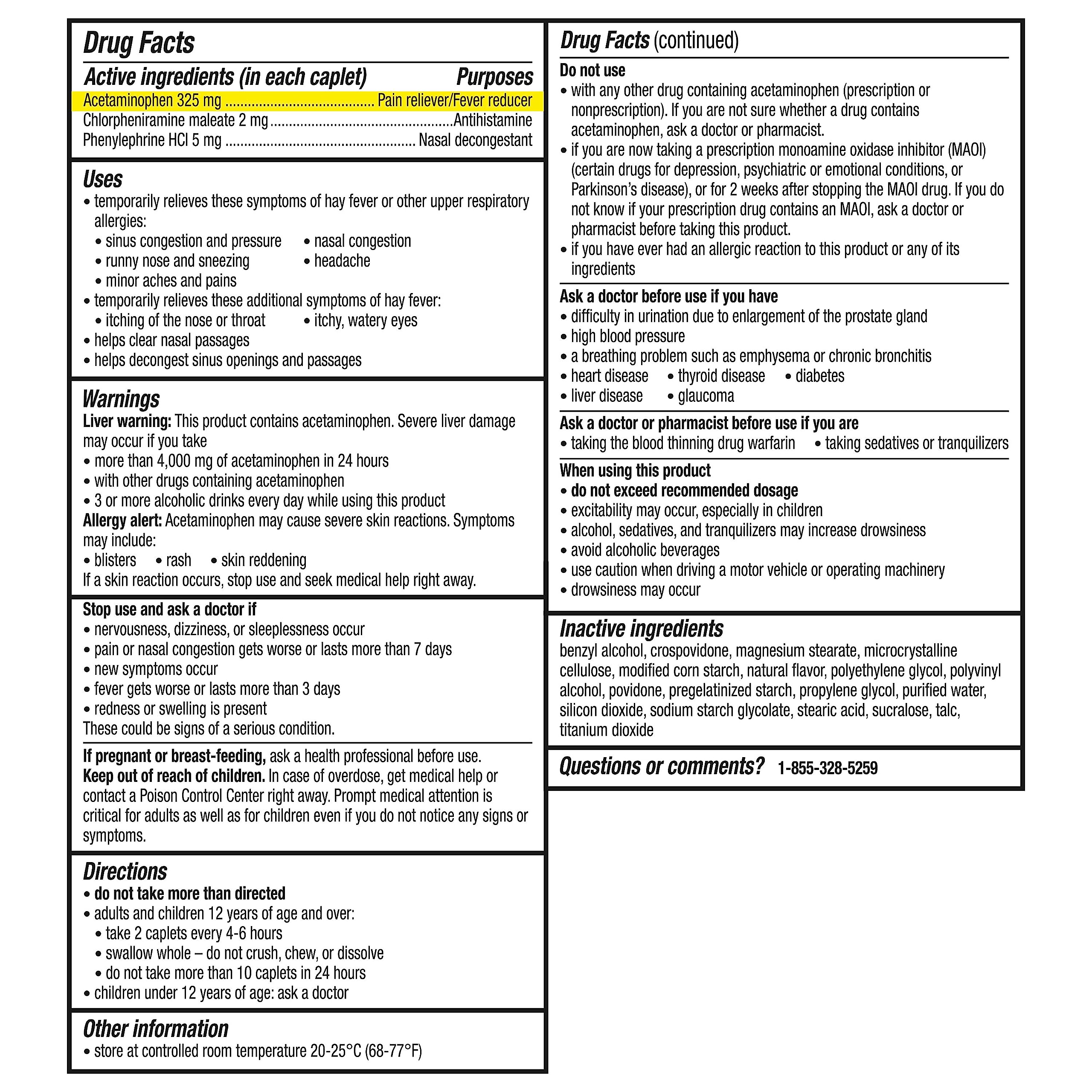 Flonase Headache and Allergy Relief Caplets with Acetaminophen 650 mg, Chlorpheniramine Maleate 4 mg and Phenylephrine HCl 10 mg Per 2 Caplet Dose - 96 Caplets