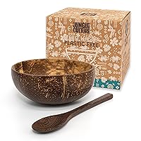 Jungle Culture 1 Coconut Bowl & Spoon with FREE eBook • Wooden Bowl • Salad Serving Bowl • Acai Smoothies Pasta Cereal Bowl • Vegan Gift Ideas • Eco Friendly Coconut Shell Bowls