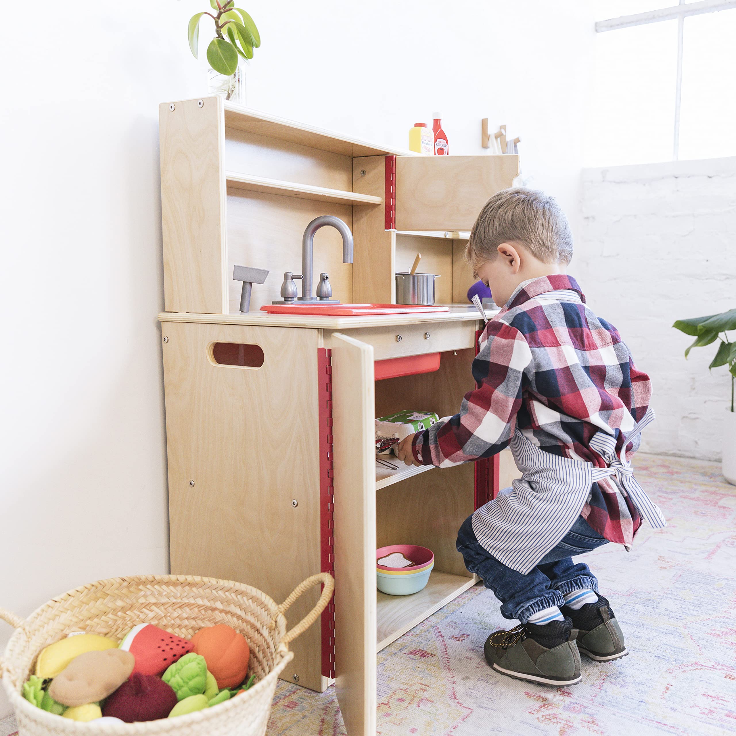ECR4Kids 4-in-1 Kitchen, Sink, Stove, Oven, Microwave and Storage, Play Kitchen, Natural