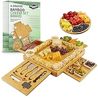 Charcuterie Board Gift Set, Expandable Bamboo Cheese Board w/Stainless Steel Serving Utensils, Ceramic Bowls, Appetizer/Serving/Utensil Trays, Bottle Opener - Housewarming, 4 Drawers