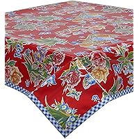 Freckled Sage Oilcloth Tablecloth Edgars Butterfly Red with Blue Gingham 48x48