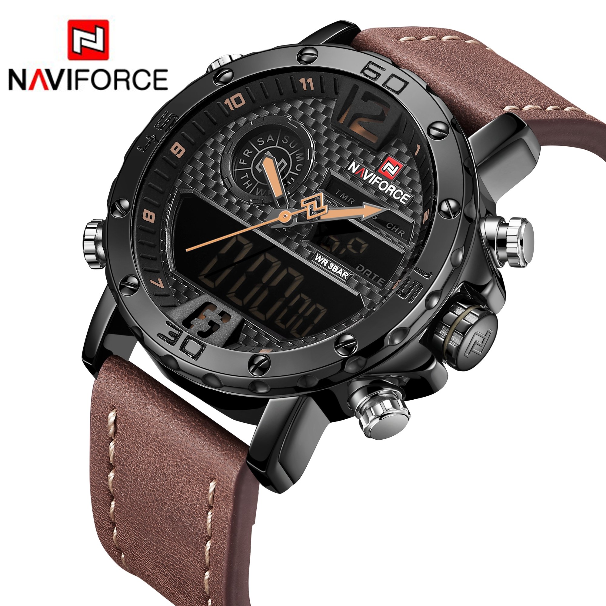 NAVIFORCE Analog Digital Watch Men Sport Dual Display Watch Luxury Waterproof Chronograph Backlight Quartz Wrist Watch, yellow