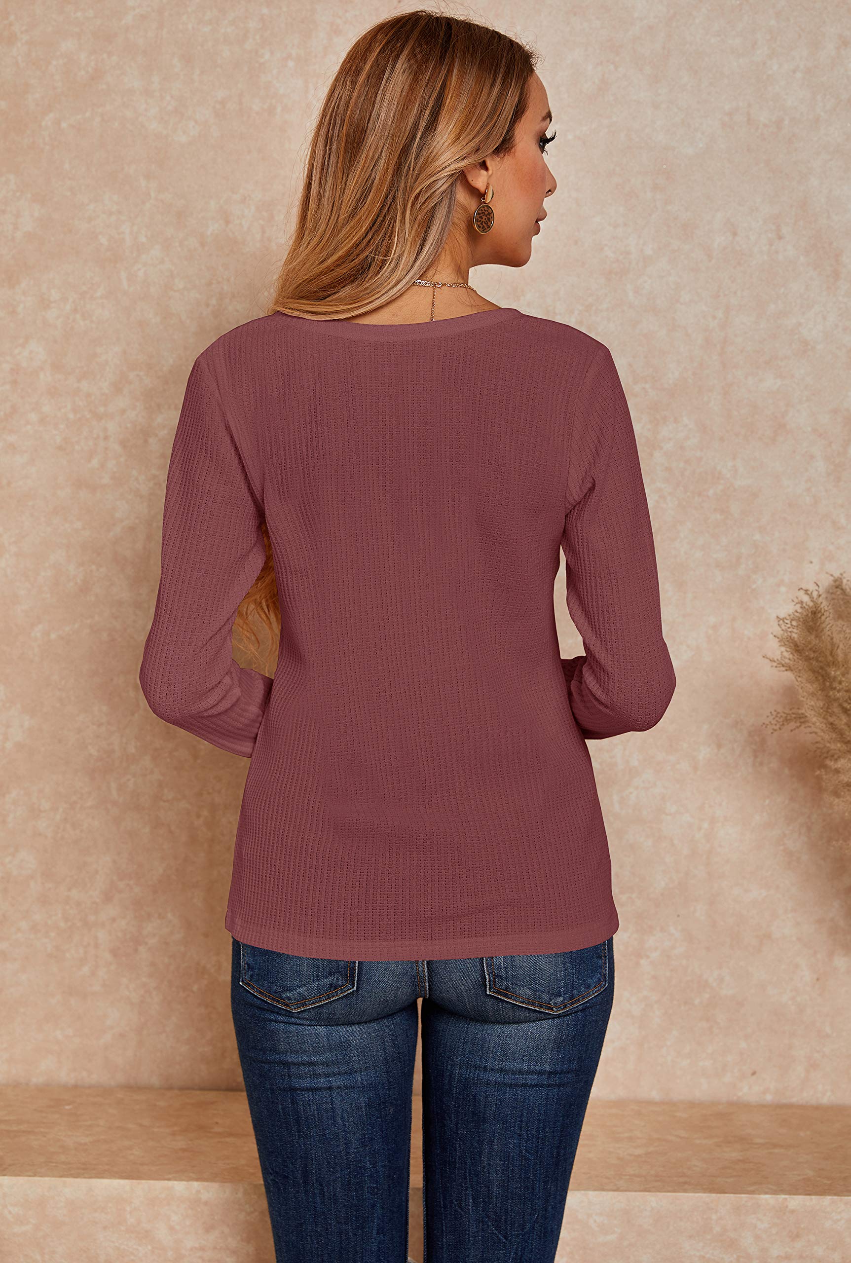 Womens V Neck Waffle Knit Shirts Long Sleeve Loose Fitting Warm Tee Tops Sweaters Pullovers