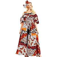 Sakkas Tany Women's Cold Shoulder Smocked Ruffled African Ankara Maxi Long Dress