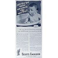Scott's Emulsion, 30's Print ad. B&W Illustration (Hey big boy whose Cod Liver Oil you taking?) Original Vintage 1930's Magazine Print Art