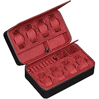 ROTHWELL 8 Watch Travel Case Storage Organizer for 8 Watches, Sunglasses, Rings & Cufflinks |Tough Portable Protection with Zipper Fits Most Wristwatches & Smart Watches Up to 50mm (Black/Red)