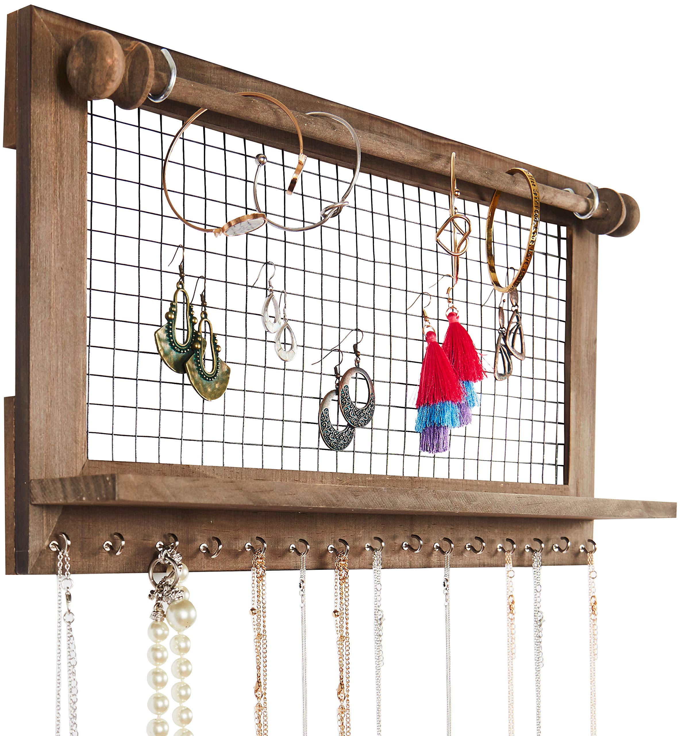 SoCal Buttercup Rustic Jewelry Organizer with Bracelet Rod Wall Mounted - Wooden Wall Mount Holder for Earrings, Necklaces, Bracelets, and Many Other Accessories