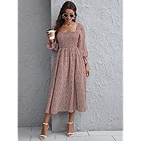 Womens Fall Fashion 2022 Bell Sleeve Shirred Bodice Ditsy Floral Dress (Color : Redwood, Size : Large)