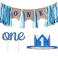 Baby 1st Birthday Boy Decorations with Crown - Baby Boy First Birthday Decorations High Chair Banner - Cake Smash Party Supplies - Happy Birthday ONE Burlap Banner, No.1 Silver and Blue Crown