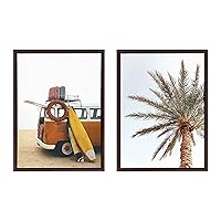 Sylvie Surfboard Beach Van and One Palm Tree in Paradise Framed Canvas Wall Art by The Creative Bunch Studio, 2 Piece 18x24 Walnut Brown, Tropical Art for Wall
