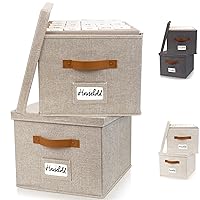 Decorative File Organizer Box Set of 2 - Collapsible Linen Filing Cabinets w/Handles Are Perfect to Store all Your Documents & Hanging File Folders - Portable Easy Slide File Crates with Lid