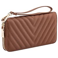 Brentano Vegan Leather Slim Single-Zipper Chevron Embroidered Wallet Clutch with Removable Wrist Strap (BROWN)