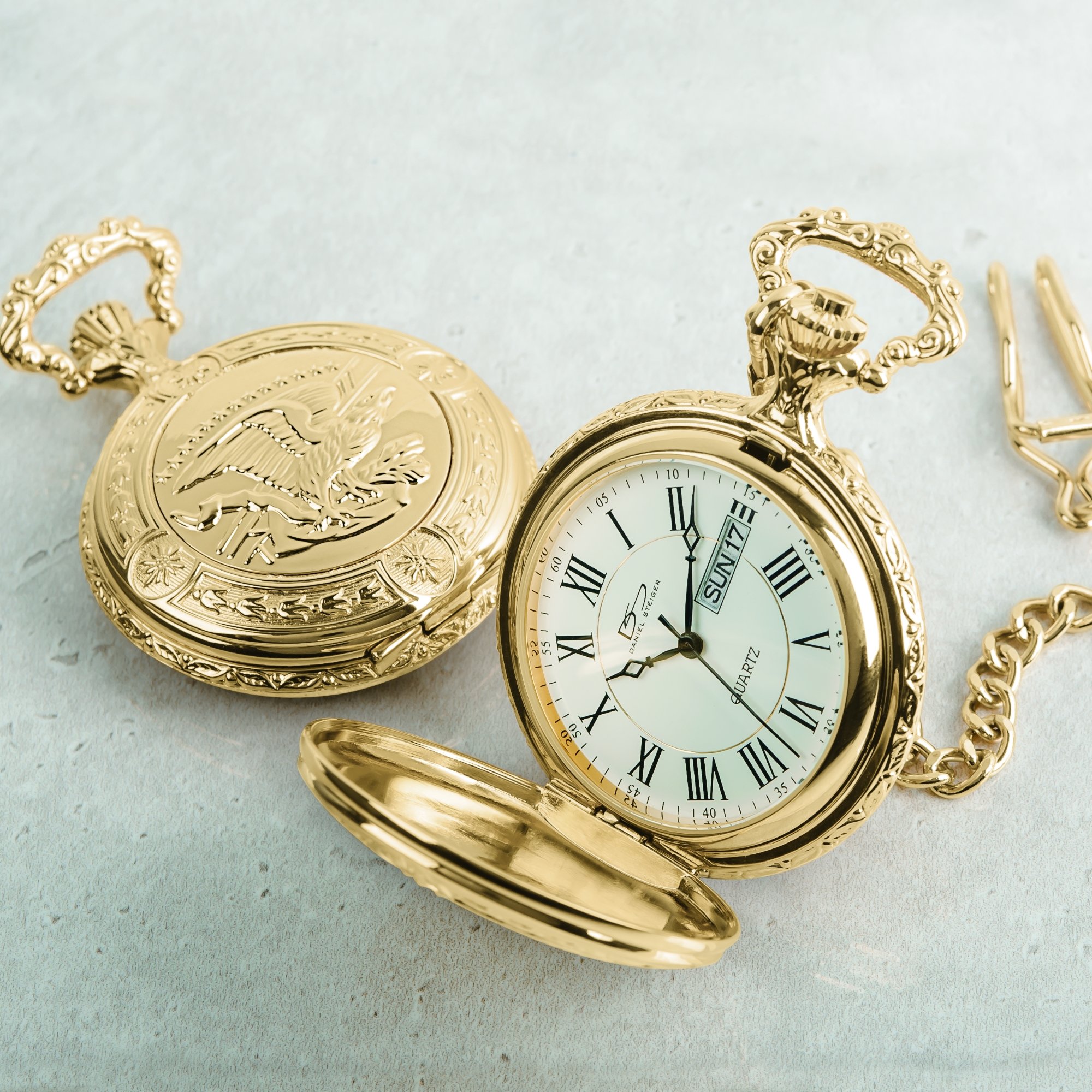 Daniel Steiger Flying Eagle Luxury Vintage Hunter Pocket Watch with Chain - Hand-Made Hunter Pocket Watch - 18k Gold Finish - Engraved Flying Eagle Design - White Dial with Black Roman Numerals