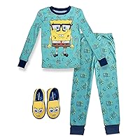 SpongeBob SquarePants Boy's 2 Piece PJ Set with Slippers,Blue,100% Cotton,Size