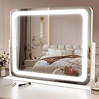Vanity Mirror Makeup Mirror with Lights, Large Lighted Vanity Mirror, Light Up Mirror with Smart Touch 3 Colors Dimmable, Tabletop Mirror for Makeup Desk, 360° Rotation, 22