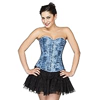 Steampunk Costume Blue Denim Printed Leather Overbust Plus Size Corset Bustier