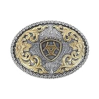 ARIAT Oval Buckle with Logo, Floral Scrolls and Filigree Detail, Antique Gold and Silver Finish, 3.75