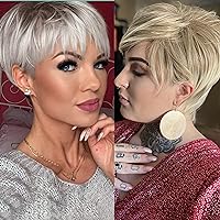 MIMAN Pixie Cut Wig Short Blonde Wigs with Bangs Fluffy Layered Synthetic Hair Wigs Mommy Wig Short Hair Styles for Women Over 60 (Platinum Blonde+Blonde Mixed Brown)