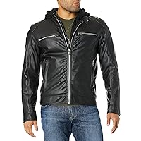 GUESS Men's Faux Leather Hooded Moto Jacket