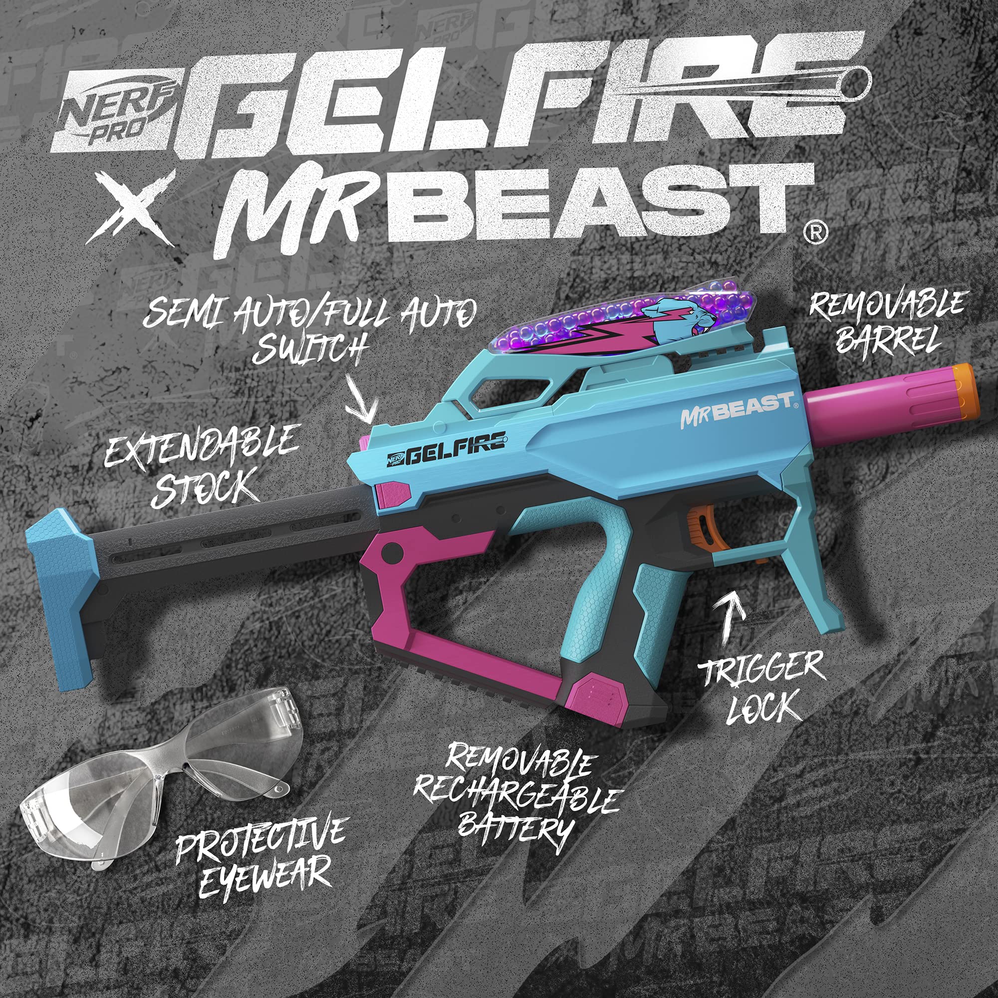 Nerf Pro Gelfire X MrBeast Full Auto Blaster & 20,000 Gelfire Rounds, 300 Round Hopper, Rechargeable Battery, Eyewear, Ages 14 & Up