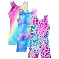 TENVDA 3 Pack Girls Leotards for Gymnastics Size 6-7 Years Old Rainbow Star Hot Pink Team Tumbling Biketard With Shorts for Kids Child Quickly-Dry