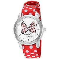 Disney Minnie Mouse Women's Silver Alloy Watch, Reversible Red with White Polka Dot Nylon Strap, W002877