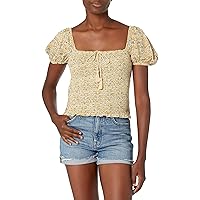 Lucky Brand Women's Short Sleeve Square Neck Printed Smocked Top, Ochre, Small