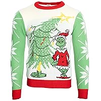 Dr. Seuss Grinch As Santa Next to Tree Adult Off-White Ugly Christmas Sweater