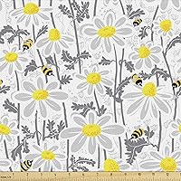 Ambesonne Grey Fabric by The Yard, Daisy Flowers with Bees in Spring Time Honey Petals Floret Nature Purity Blooming, Decorative Fabric for Upholstery and Home Accents, Yellow White