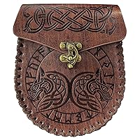 Nordic Embossed Belt Pouch - Renaissance Costume Accessories LARP Waist Bag Cosplay Coin Purse Retro Medieval Brown Leather Side Pack Vintage Portable Belt Bag For Halloween (Fenrir)