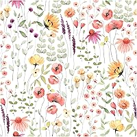 Blooming Wall Removable Watercolor Fresh Leaves with Multicolor Little Flowers Textured Peel and Stick Wallpaper Self-Adhesive Prepasted Wallpaper Wall Décor (17.7