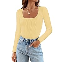 MEROKEETY Women's 2024 Square Neck Long Sleeve T Shirts Slim Fitted Ribbed Knit Casual Tee Tops