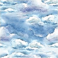 Blooming Wall DPYC04 Watercolor Blue Clouds Textured Peel and Stick Wallpaper Self-Adhesive Prepasted Wallpaper Wall Decor