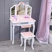 Kids Vanity Table and Chair Set, Girls Vanity Set with Stool, Tri-Folding Mirror, Makeup Dressing Princess Table with Drawer for Little Girls
