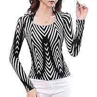 Striped Mesh Tops for Women, Retro Fashion Sexy Scoop Neck Long Sleeve Patchwork Stretchy Blouses Elegant Work Shirts