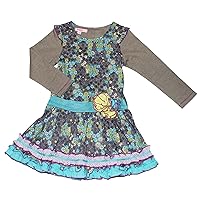 Fashion Winter Multicolor Floral Print Beetlejuice Knit Dress W/Rosette Detail Turquoise Belt-Sizes 2T-8