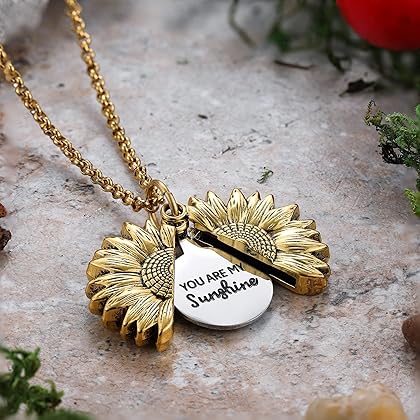 SLOONG You Are My Sunshine Engraved Necklace Inspirational Sunflower Locket Necklace Jewelry Mother's Day Gift for Women Girlfriend