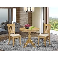 East West Furniture AMVA3-OAK-C Antique 3 Piece Room Set Contains a Round Wooden Table with Pedestal and 2 Linen Fabric Kitchen Dining Chairs, 36x36 Inch