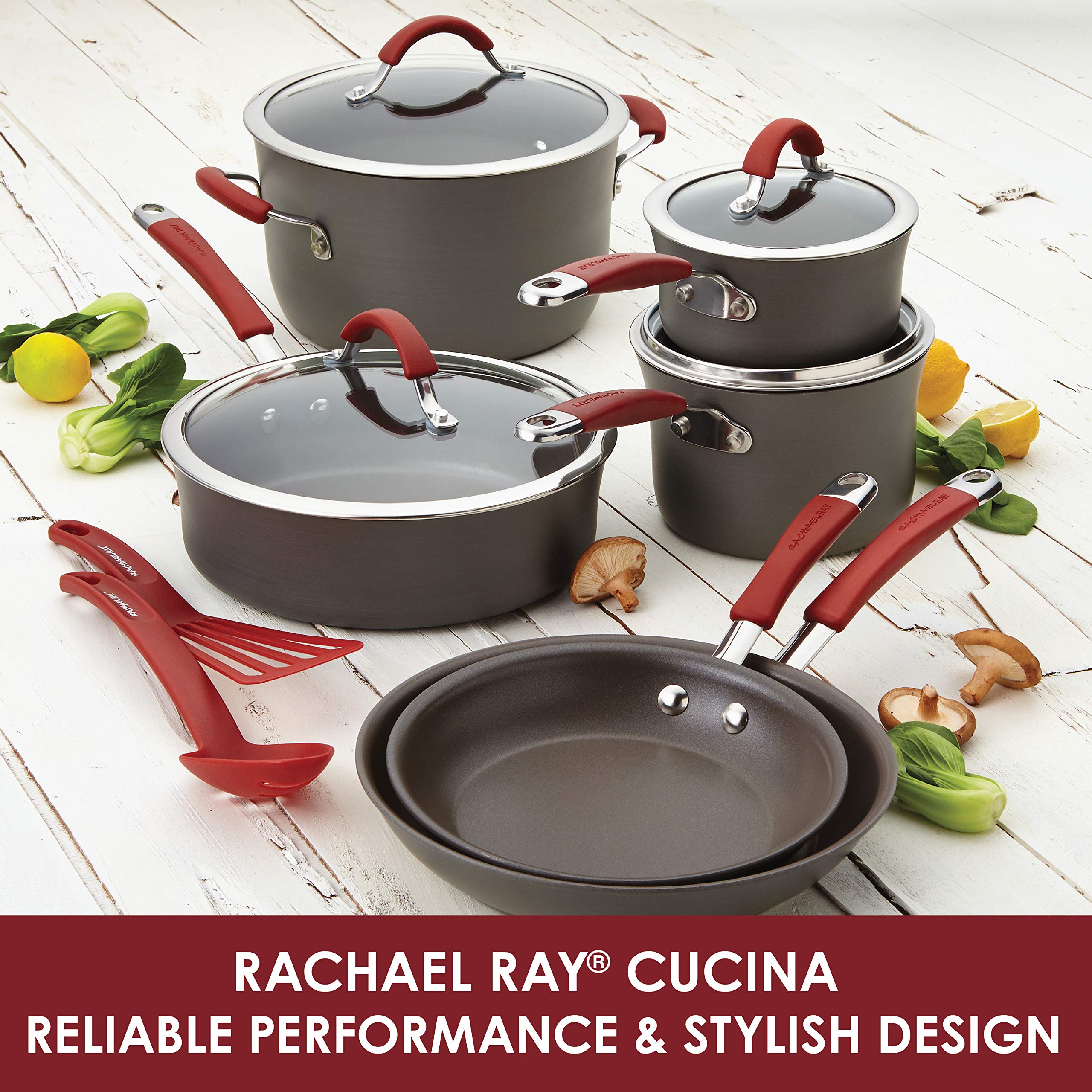 Rachael Ray - 87630 Rachael Ray Cucina Hard Anodized Nonstick Cookware Pots and Pans Set, 12 Piece, Gray with Red Handles