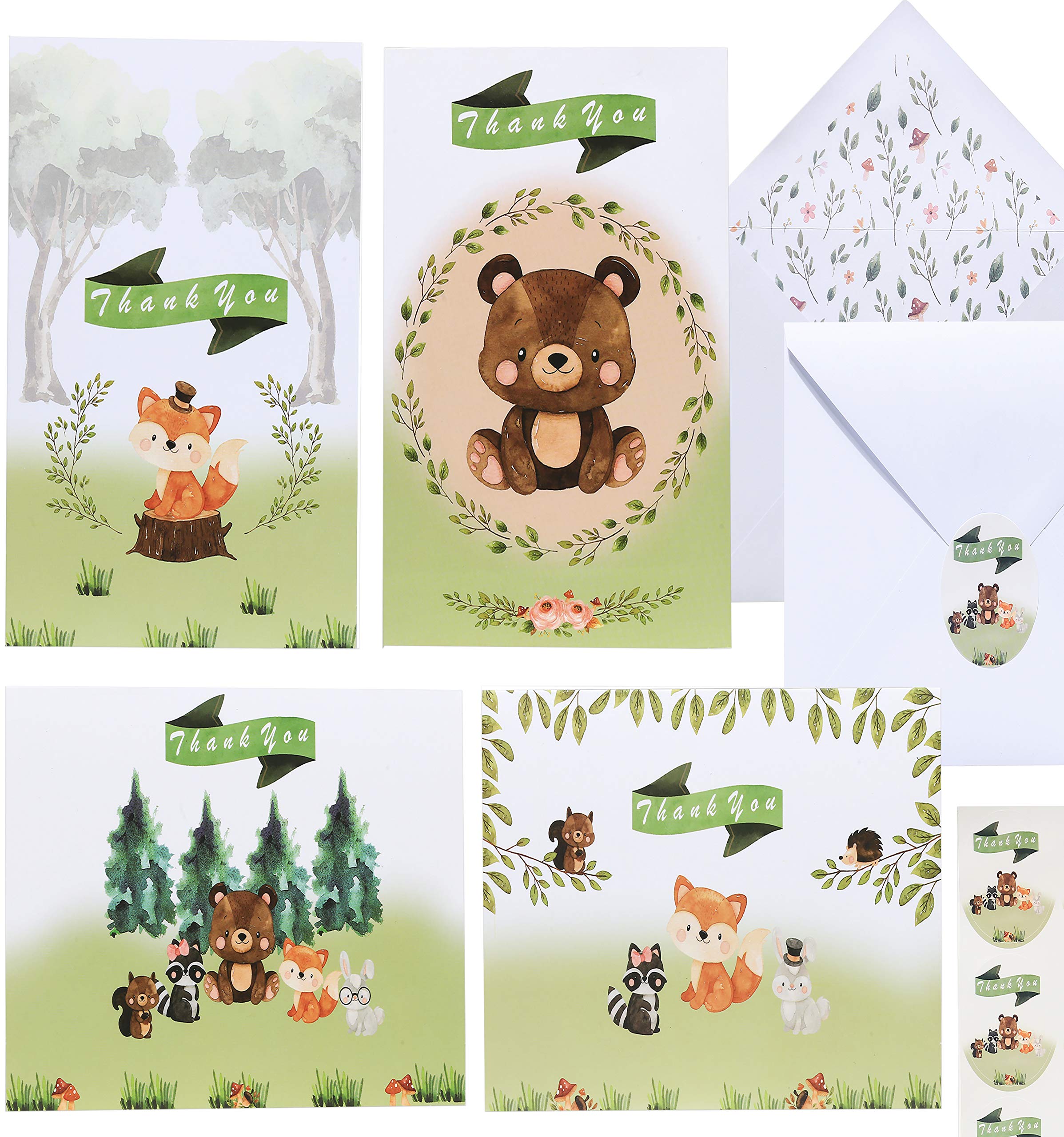 Baby Shower Thank You Cards - 36 Pack of Cute Woodland Forest Animals Thank You Notes with Envelopes and Stickers | Perfect for Kids Birthday or Baby Showers