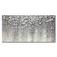 Yika Art 3D Paintings 24X48 Inch Modern Abstract Oil Painting Hand Painted On Canvas Abstract Artwork Picture Wall Decoration for living room - Silver Flower Wall Art (Gery)