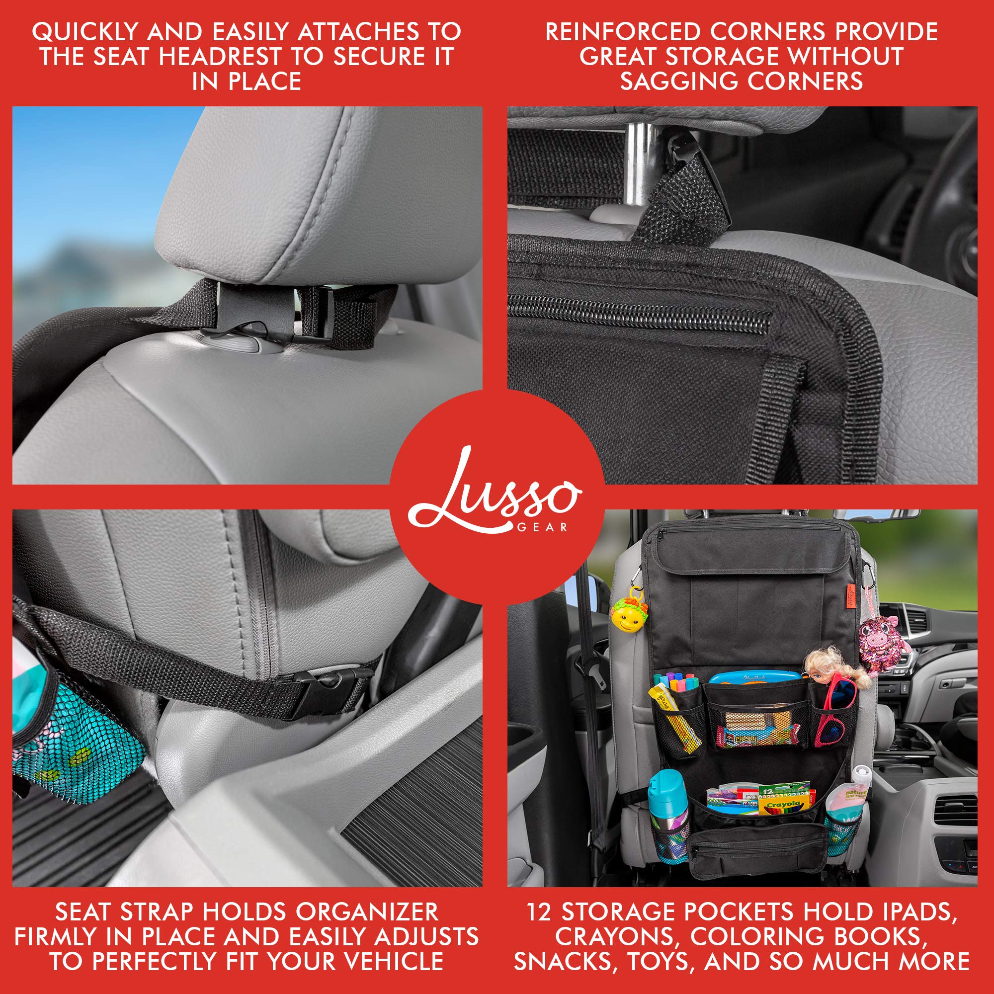 Lusso Gear Kids Travel Tray (Black) + Heavy Duty Car Seat Organizer (Black), Extra Large for Protection, Sag Proof & Reinforced Corners, Protects iPad & Backseat, 12 Versatile Car Seat Organizer Stora