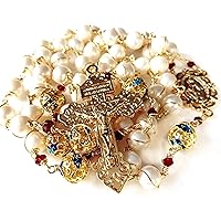 elegantmedical HANDMADE Gold Wire Wrapped Bead AAA White 10mm Real Pearl Rosary Cross NECKLACE BOX