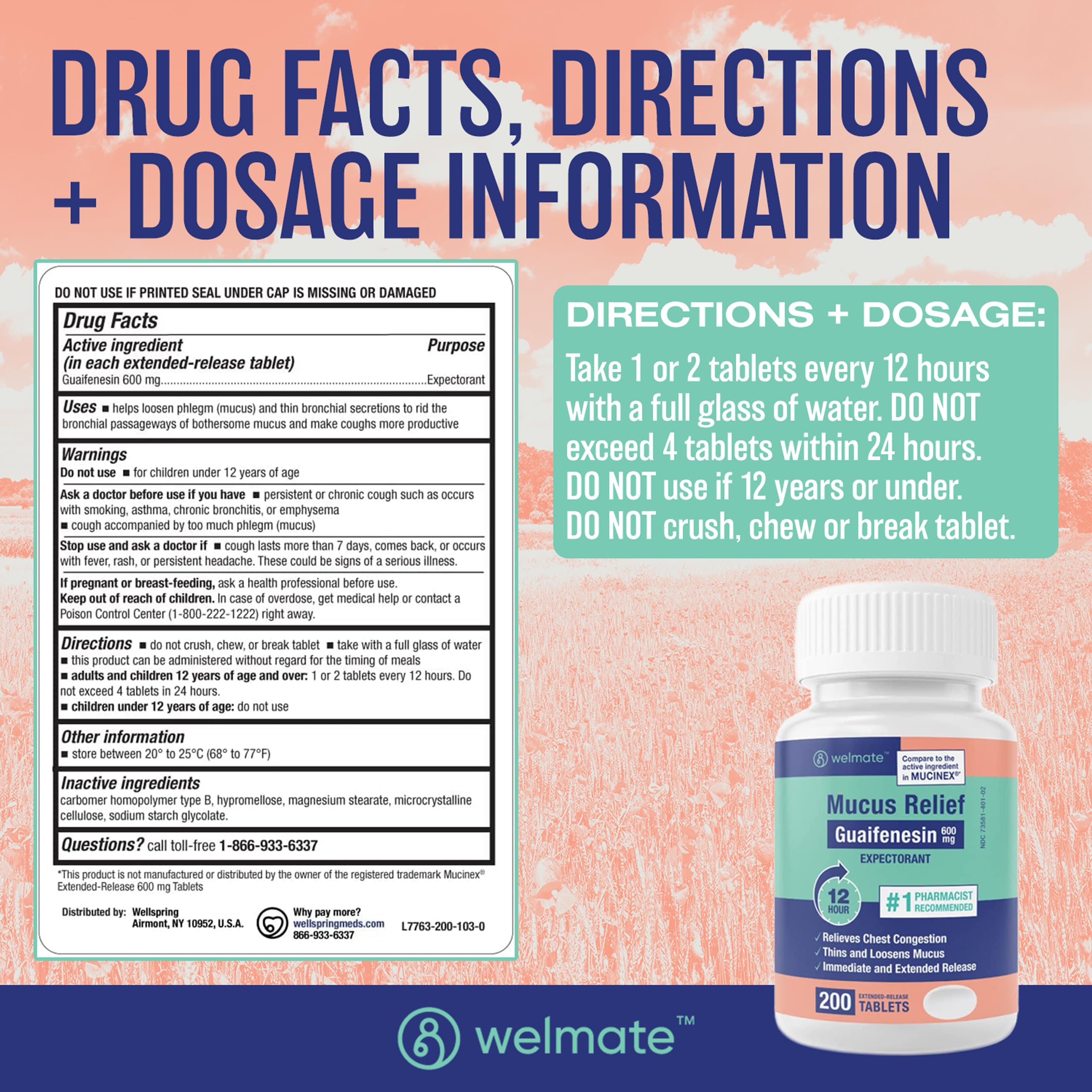 WELMATE Respiratory Relief Bundle: Guaifenesin 600 Mg Mucus Relief (200 Bi-Layer Tablets) + Phenylephrine HCl 10 mg Nasal Decongestant PE (200 Tablets) Sinus, Cold & Allergy Support