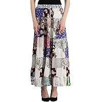 Long Printed Boho Skirt from Gujarat with Patch Work and Dori on Waist - Pure Cotton