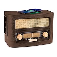 Vint Vintage Retro Radio | Wireless Charging Pad | AM/FM Radio Speaker with Bluetooth & AUX Input | Mid Century Modern Style | Real Handcrafted Ashtree Wood Exterior