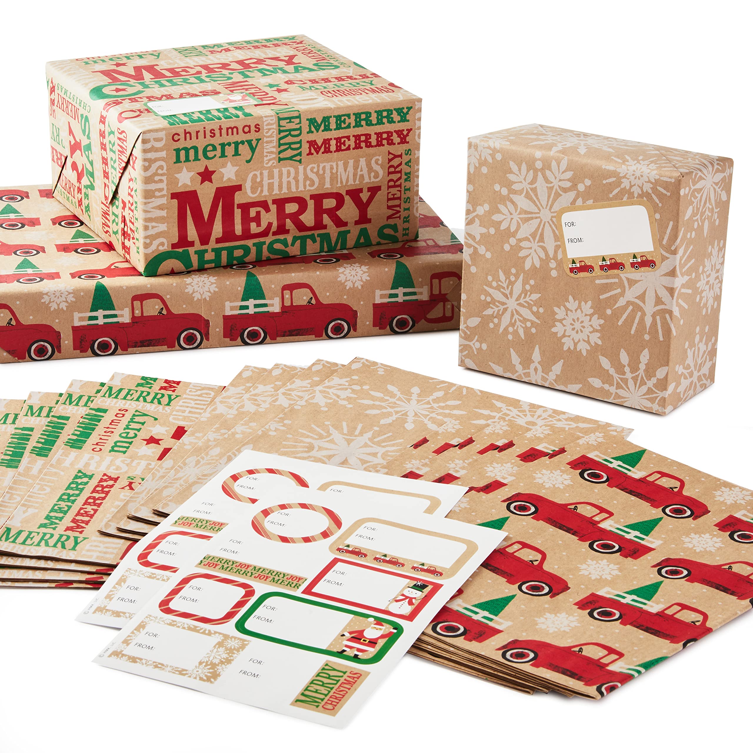Hallmark Recyclable Kraft Christmas Flat Wrapping Paper Sheets with Cutlines on Reverse (12 Folded Sheets with Sticker Gift Tags) Rustic Red Trucks, White Snowflakes, 
