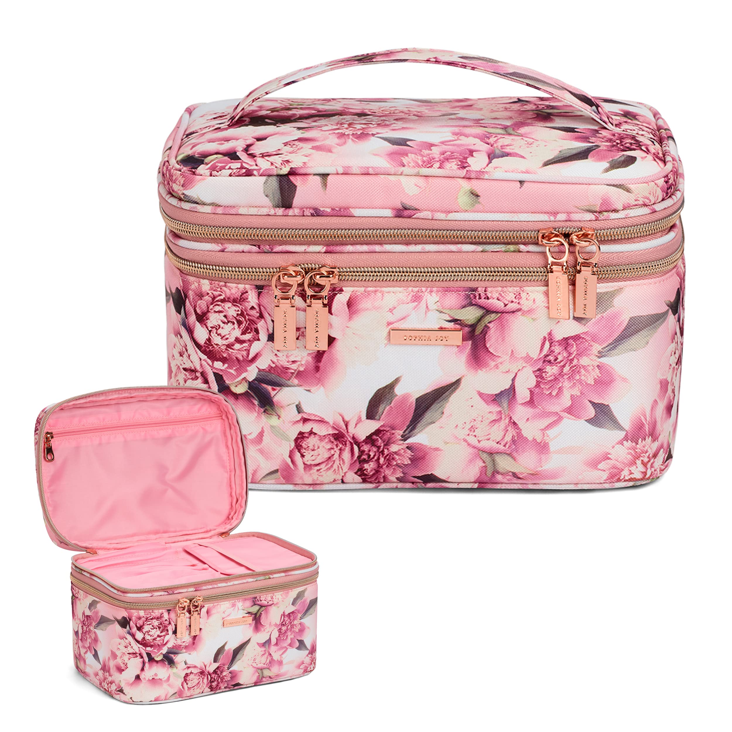 Conair Travel Makeup Bag, Large Toiletry and Cosmetic Bag, Perfect Size for Use At Home or Travel, Train Case Shape in Pink Floral Print